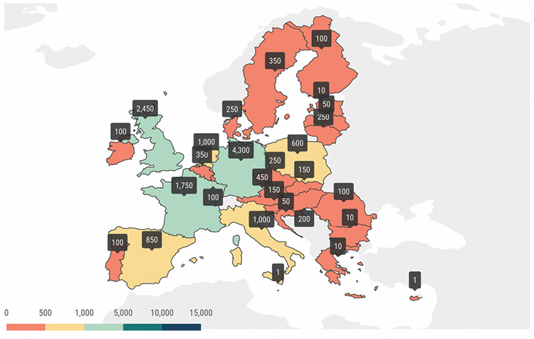 Mapa interactivo de ACEA sobre la infraestructura de hidrógeno necesaria para 2025 en Europa.