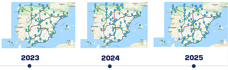Mapas sobre cómo debería evolucionar la red de hidrogeneras entre 2023 y 2025.