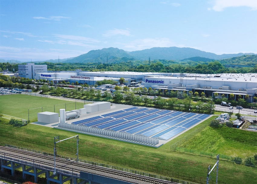 Representación de la fábrica de hidrógeno de Panasonic impulsada íntegramente por energía renovable. Fuente: Panasonic Corp.