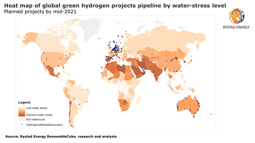 Proyectos de hidrógeno verde en zonas de estrés hídrico, según Rystad Energy.