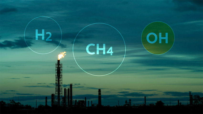 Un aumento en las emisiones de hidrógeno supondría un mayor uso de hidroxilo (OH) para descomponer el hidrógeno, dejando menos OH disponible para descomponer el metano (CH4). Ilustración de Bumper DeJesus.