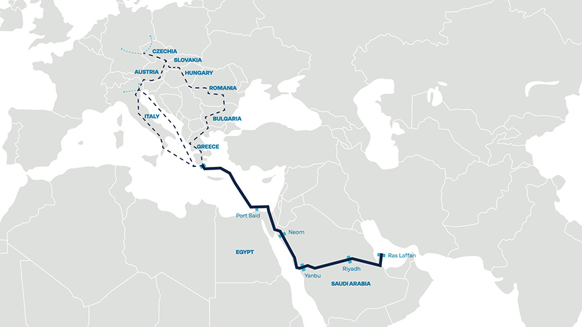 Posible trazado del gaseoducto desde el Golfo Pérsico a Europa.