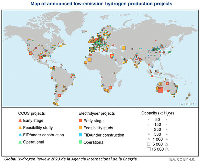apa de proyectos, de cara a 2030, del Global Hydrogen Review 2023 de la Agencia Internacional de la Energía.