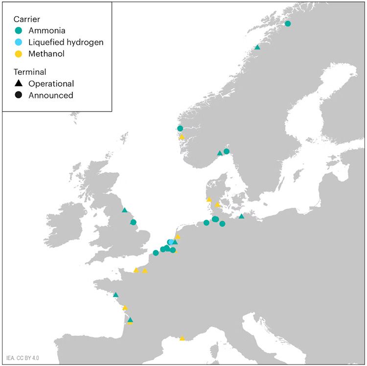 Infraestructura portuaria existente y anunciada para hidrógeno (y derivados) en el Mar del Norte.